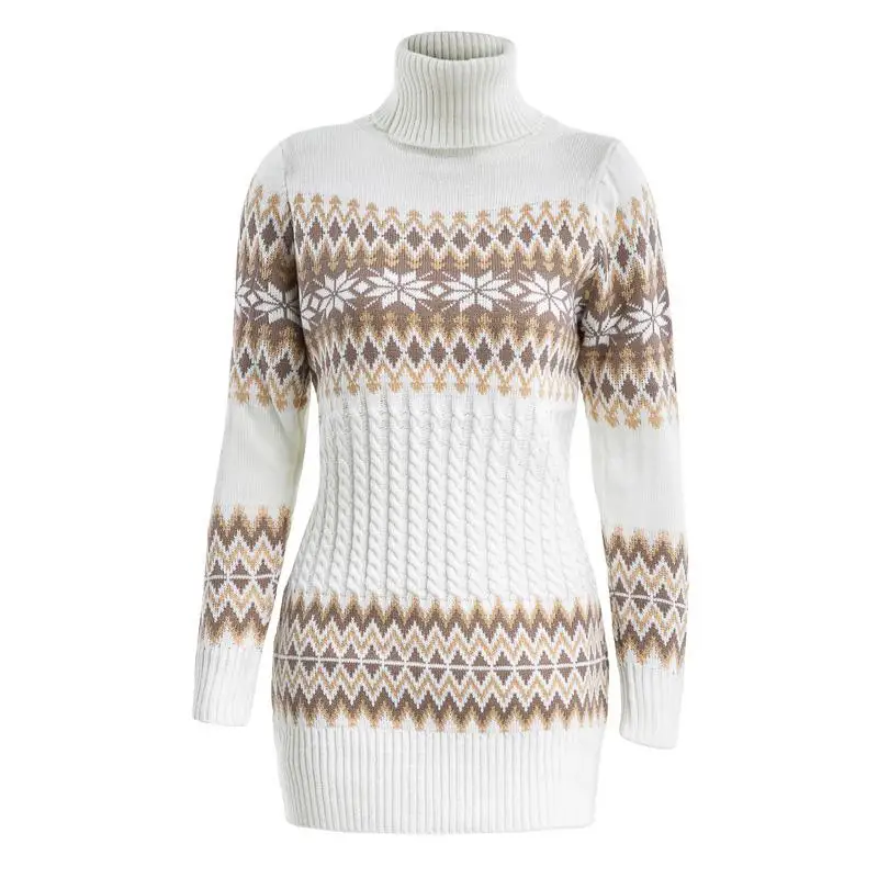 MISSKY Women Christmas Style Turtleneck Sweater Dress Slim Fit Long Type Snowflake Pattern 