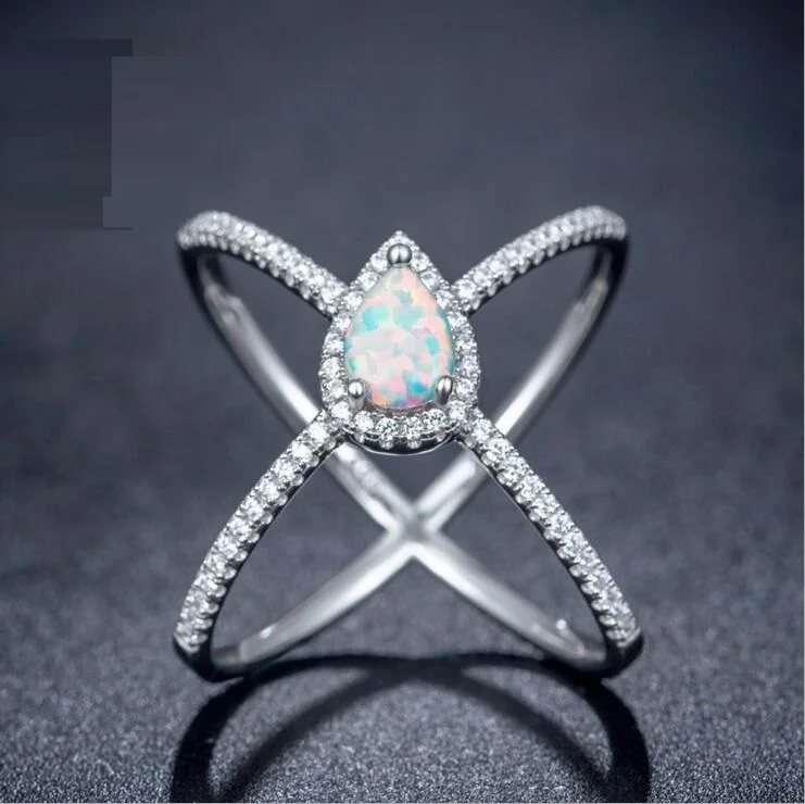

size 6-10 fashion women jewelry tear drop white fire opal silver rose gold color micro pave cz criss Cross X ring fashion