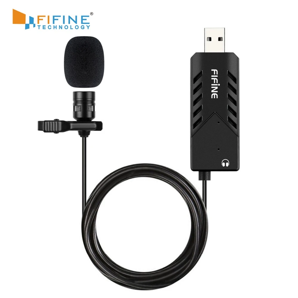 FIFINE Lavalier  Clip-on Cardioid Condenser Computer mic plug and play USB Microphone With Sound Card for PC and Mac -K053