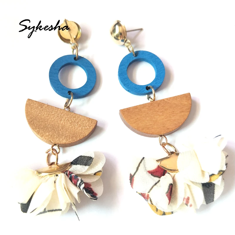 

2019 Flower Fabric Pendant Wood Charm Earrings Gold Stud Handmade Bohemia Holiday Earrings For Women and Girl Party Jewelry