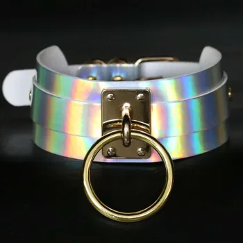 

KMVEXO Punk Gothic Handcrafted Chic Holographic Choker Necklace O Round Gold Metal Laser Chocker Collar Necklace Jewelry 2020