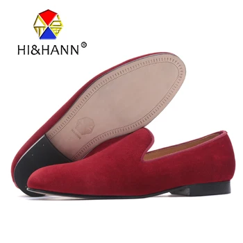 

USA BRAND luxurious Handcrafted men red velvet shoes with Genuine leather outsole Classic British men's party loafers male flats