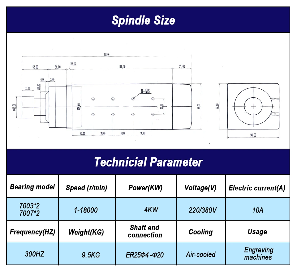 CNC мотор шпинделя 4KW 220В/380В с воздушным охлаждением ER25 цанговый патрон для гравера
