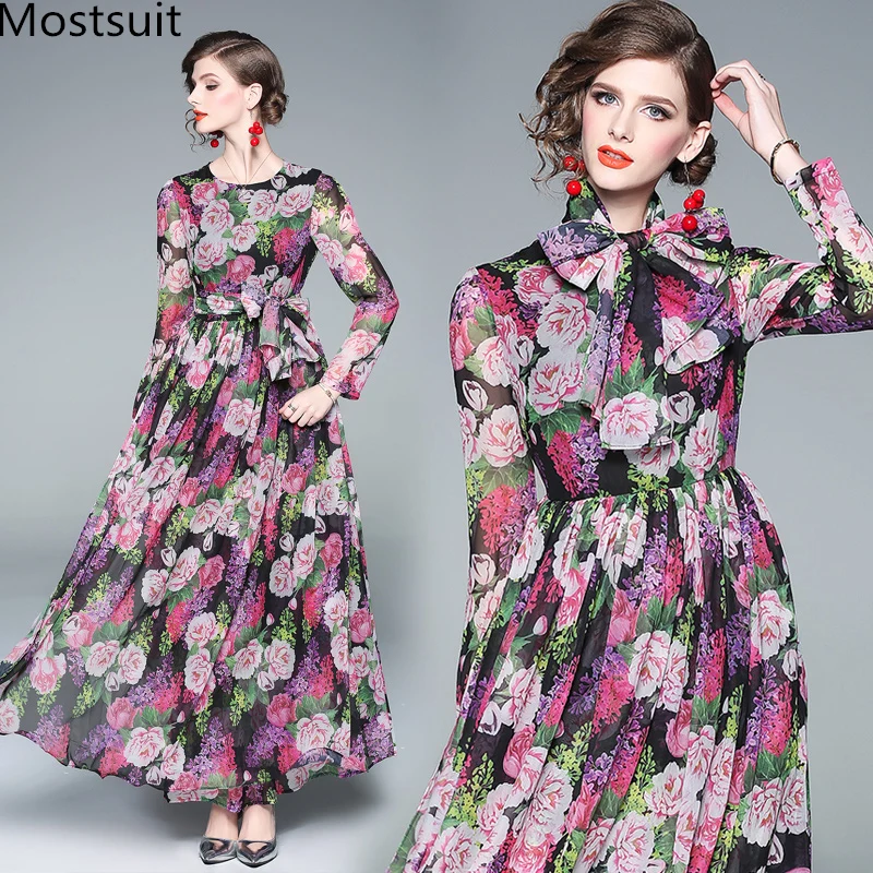 

Floral Printed Bow Long Maxi Dress Women Spring Summer Party Vintage Elegant Ladies Dresses Long Sleeve Vestidos Mujer 2019