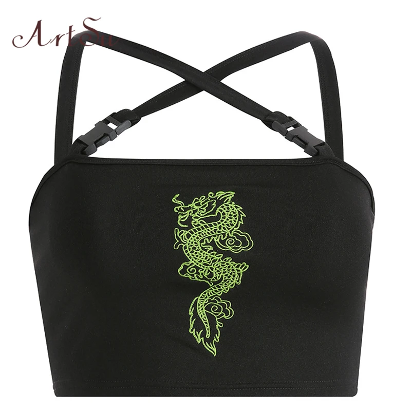 

ArtSu Harajuku Crop Top Sexy Camis Embroidery Dragon Top Sleeveless Top Women Backless Buckle Top Cami Streetwear ASVE20543
