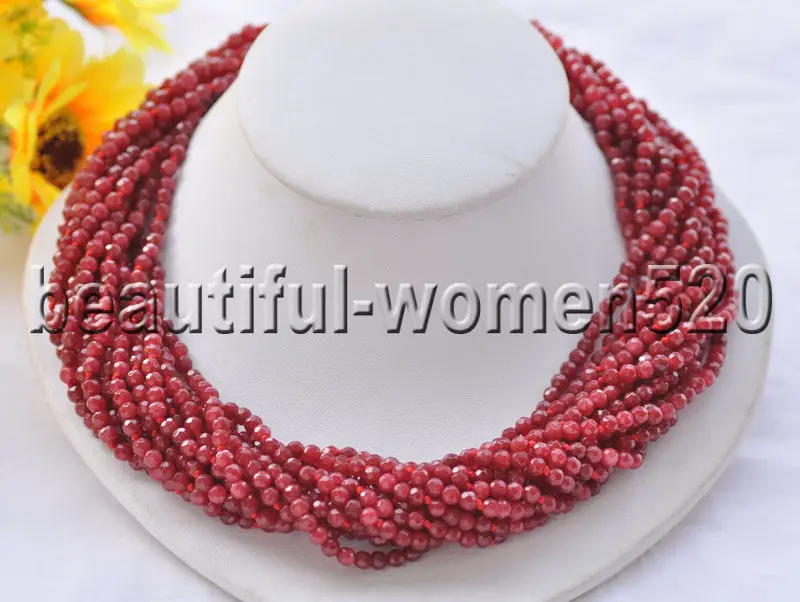 Z8653 15Strds 4mm Natural Round Faceted Red Stone Necklace Cougar CZ 20inch