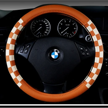 

KKYSYELVA Car Steering Wheel Cover Auto Steering-Wheel Black Leather 38cm Wheel Covers Interior Accessories