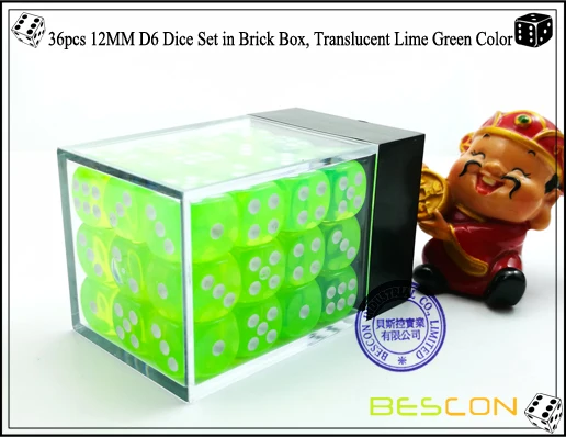Bescon 12 мм 6 кубика 36 в коробка в форме лего-блока, 12 мм шестигранники Die(36) блок кости, прозрачный зеленый лайм с белыми пунктов