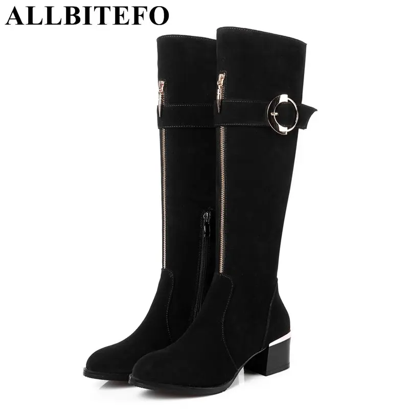 

ALLBITEFO fashion full genuine leather medium heel women boots brand buckle thick heel winter boots girls boots size:33-43