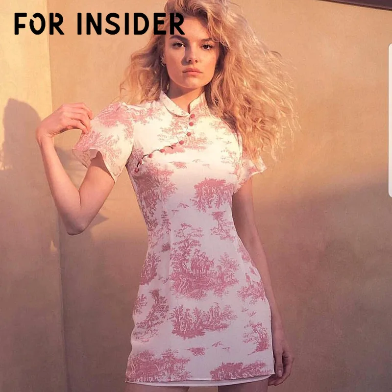 

For Insider Ink wash painting chiffon chinese style dress Women slim traditional pink qipao dress Female party sexy cheongsam