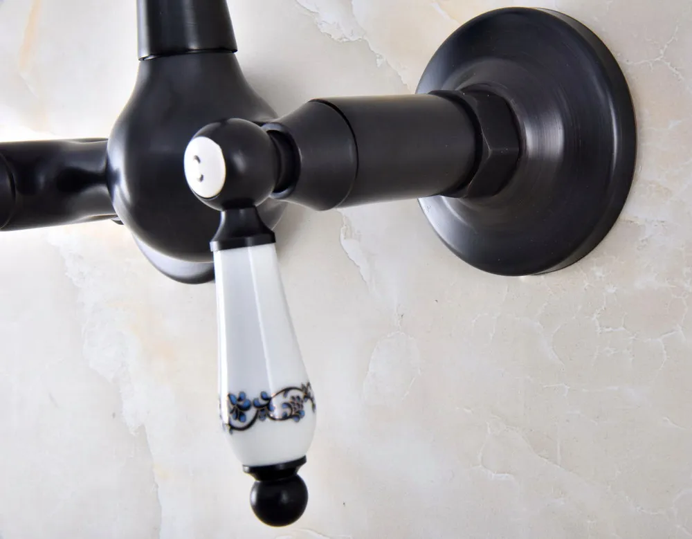 Black Oil Rubbed Bronze Wall Mounted Bathroom Kitchen Sink Faucet Swivel Spout Mixer Tap Dual Ceramics Handles Levers anf865