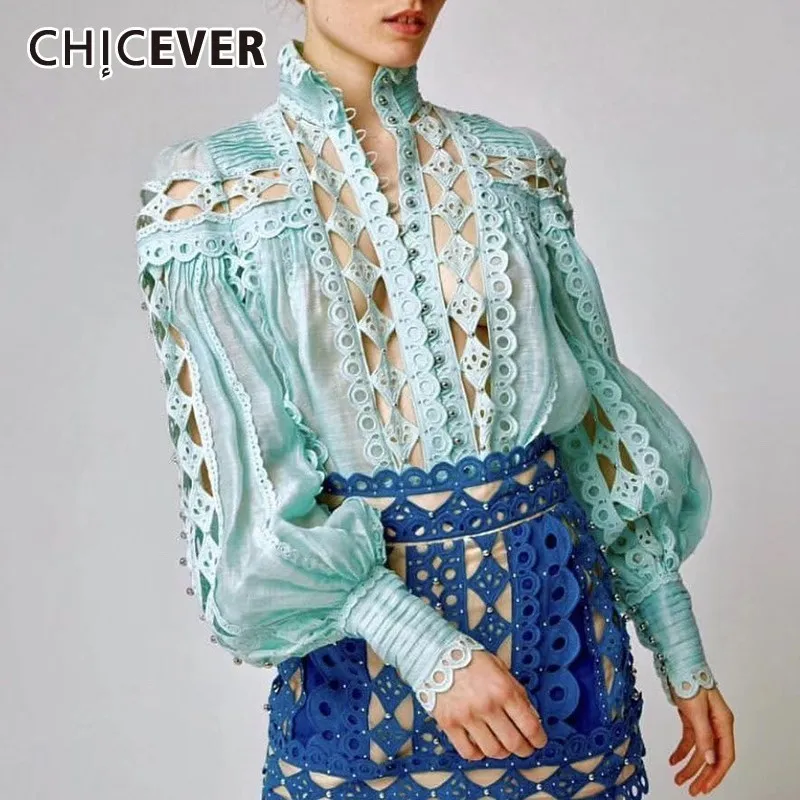 CHCEVER, сексуальная женская блузка из кусков с бисером, стоячий воротник, рукав-фонарик, открытая женская рубашка, модная, летняя, мода