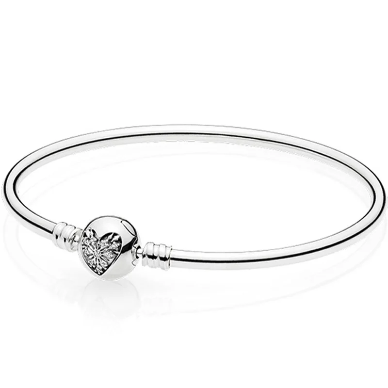 

925 Sterling Silver Bangle Pave Icy Pattern Heart Of Winter Clasp Chain Basic Bracelet Fit Women Bead Charm Diy Original Jewelry