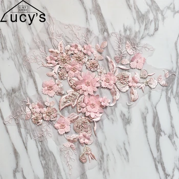 

1piece/lot! 35x24CM Pink lace patch 3d petals embroidered lace flowers lace appliques with pearls for women evening dress!