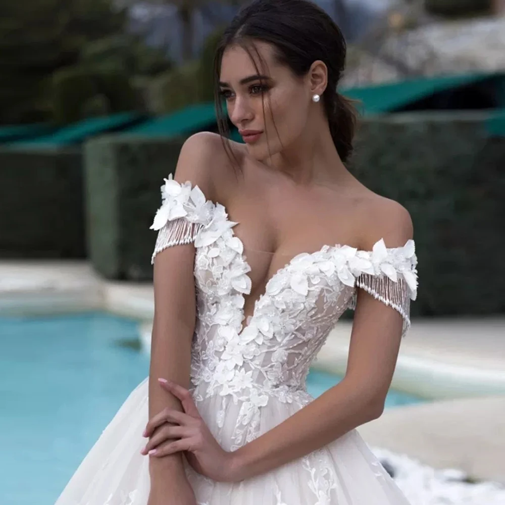 Brautkleid ТРАПЕЦИЕВИДНОЕ свадебное платье с вырезом лодочкой размера плюс с кисточками на рукавах, Великолепное Кружевное платье на спине