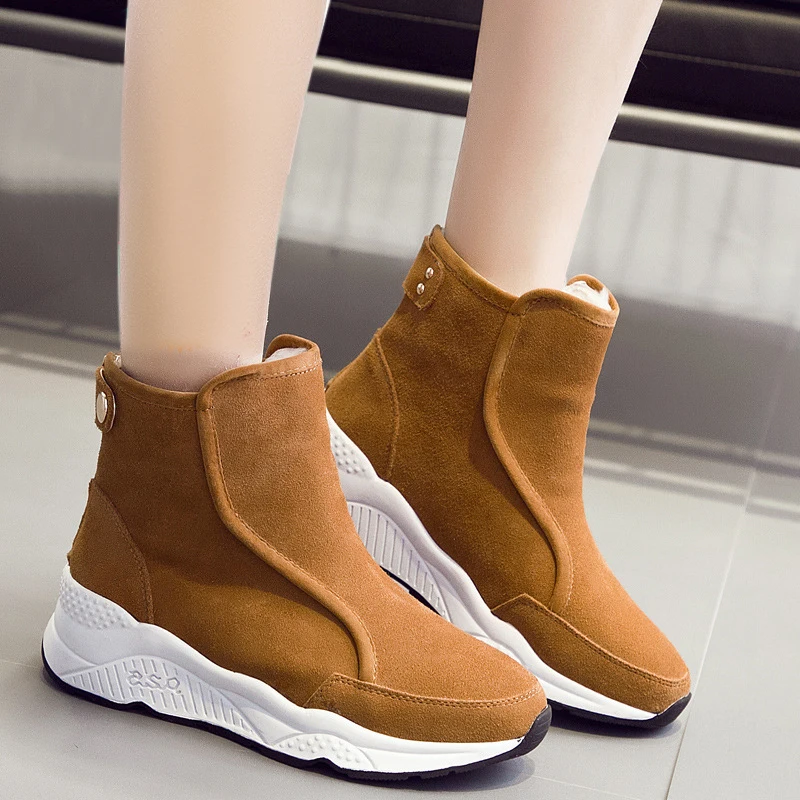 

Women Height Increasing Ankle Boots Round Toe warm plush Slip-On Ladies Mujer Winter Snow Cow Suede Woman boots