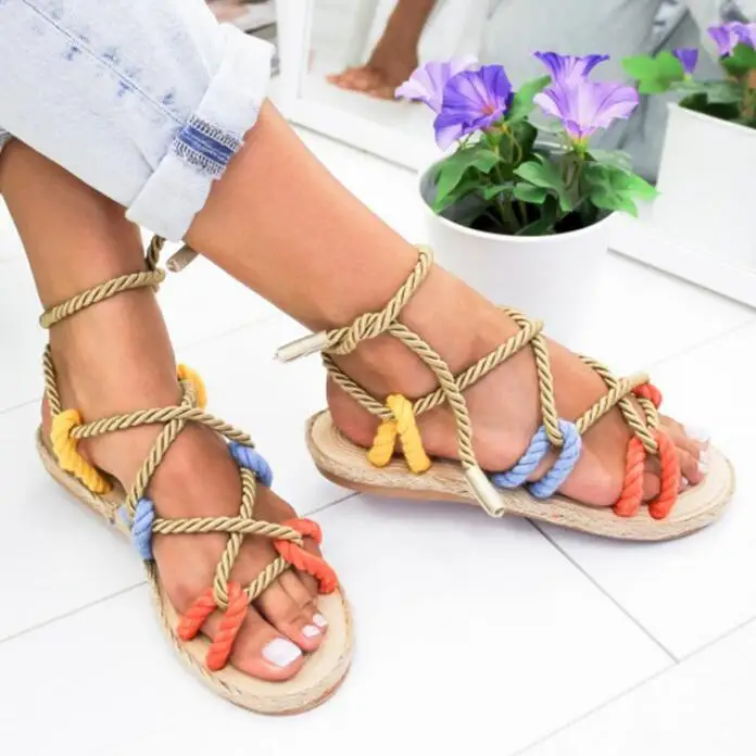 

Women's sandals explosion models 2019 summer Roman wind hemp braided round flat with women's flat bottom lace sandals A035