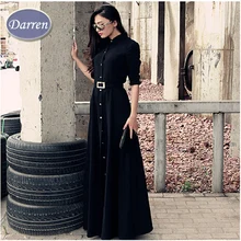 Yeni Yoldam Ince Kat Uzunluk Düğme Uzun Elbise Hanım İlkbahar Sonbahar Uzun Kollu Moda Kısa Siyah Elbiseler Müslüman Bayanlar