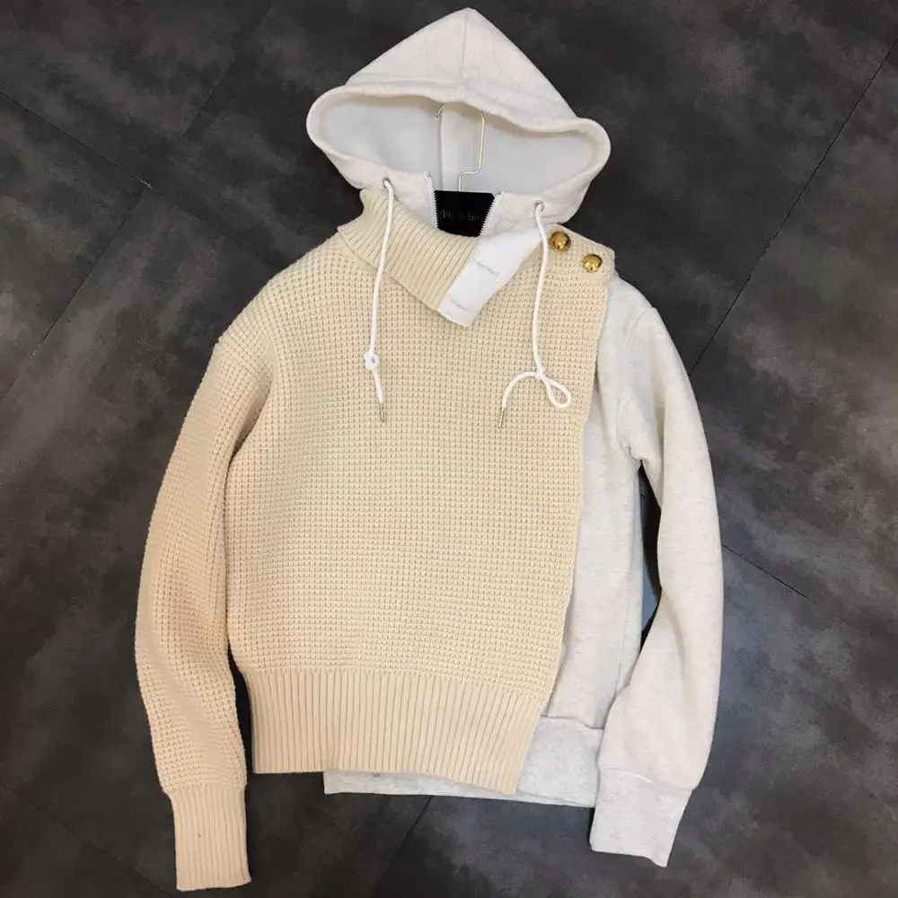 

Shoulder Button Patchwork Knit Pullover Hooded Hoodies Tops