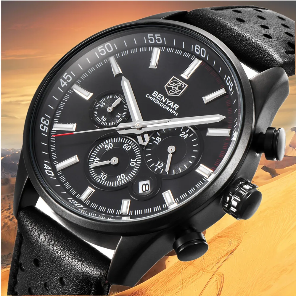 

2019 BENYAR Top Brand Mens Watches Military Quartz Waterproof Chronograph Leather Watch Clock Relogio Masculino kol saati bayan