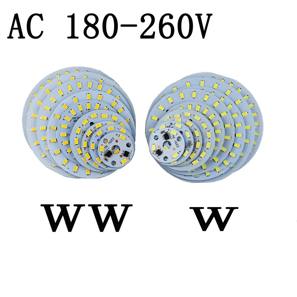 50 шт. ac 220 В светодиодная пластина 3 Вт 5 Вт 7 Вт 10 Вт 12 Вт 15 Вт 18 Вт 24 Вт 36 Вт интегрированный IC драйвер 5730 SMD Холодный белый/теплый белый алюминиевый pcb