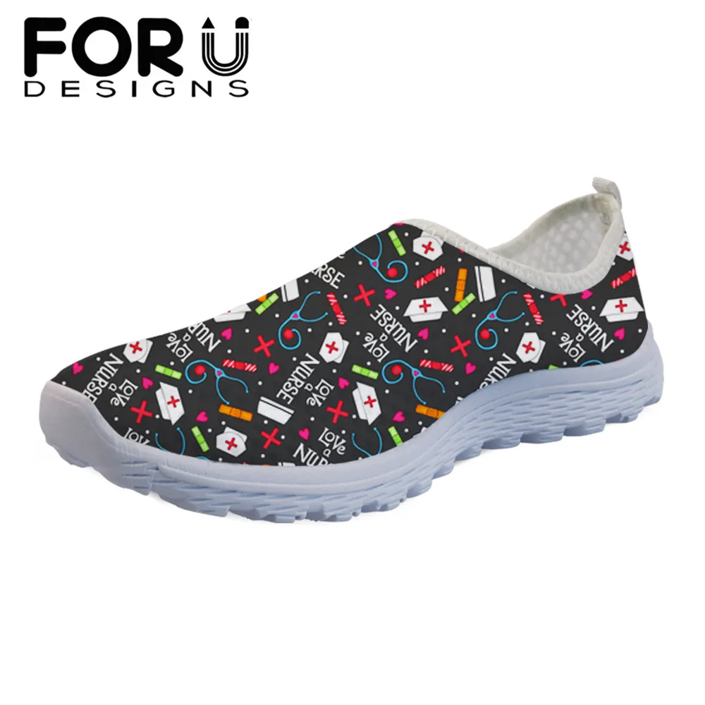 

FORUDESIGNS Female Soft Shoes Flats Medical Elements Print Mesh Cartoon Nurse Women Sneakers Summer Beach Loafers Slip-on Mujer