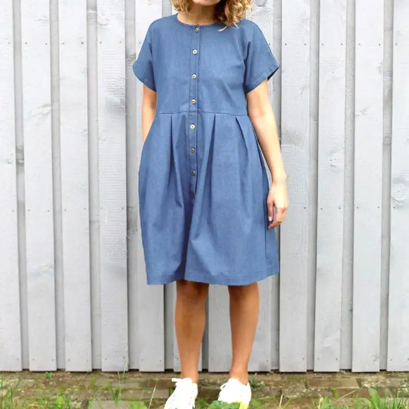 Синий Celmia Summer Dress Casual Women Denim Pleated Dress Short Sleeve Button Down Party Vestido Mujer Kaftan Plus Size Sundress - Цвет: Синий