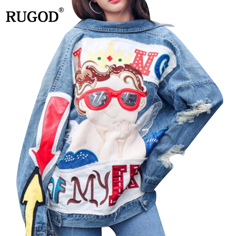 

RUGOD 2018 Women Vintage Funny Print Jean Jacket Ripped Hole Long Sleeve Jacket Loose Casual Short Denim Jacket Casaco feminino