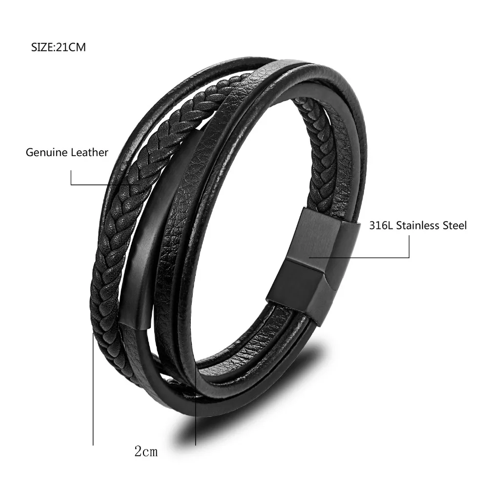 Гламурный мужской кожаный браслет, мужской очаровательный Многослойный кожаный браслет ручной вязки, магнитный браслет, мужские подарки - Окраска металла: С черным покрытием, нанесенным краскопультом