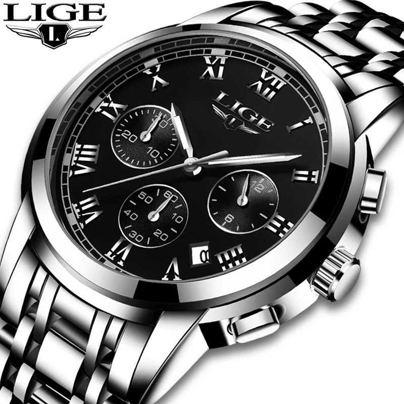 

LIGE Mens Watches Top Brand Luxury Fashion Sports Quartz Watch Mens Business All Steel Waterproof Chronograph Relogio Masculino