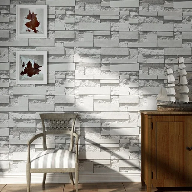 10m 3d rustic gray white embossed brick effect wall paper imitation