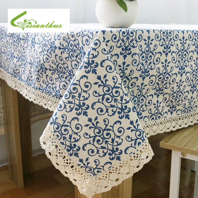 

Retro Blue and White Table Cloth with Lace Edge Cotton Print Mondern Style Rectangular Dinning Tablecloths Cover Home Decor 1PCS
