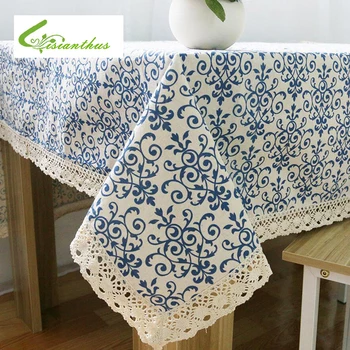 

Retro Blue and White Table Cloth with Lace Edge Cotton Print Mondern Style Rectangular Dinning Tablecloths Cover Home Decor 1PCS