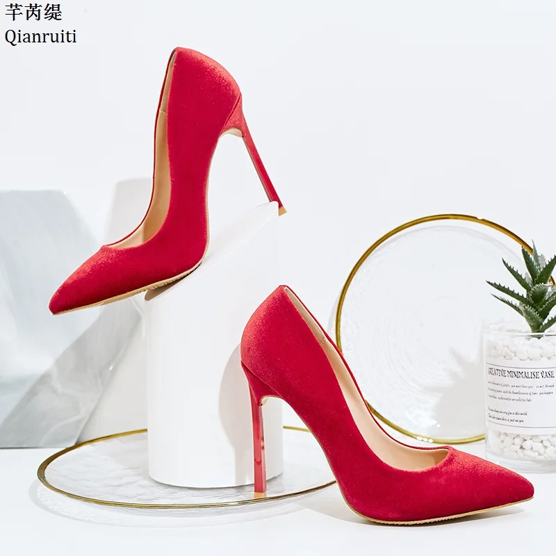 

Qianruiti Red Nude Flock High Heels Single Shoes Pointed Toe Slip-On Women Wedding Shoes Sexy Metal Stiletto Heels Women Pumps