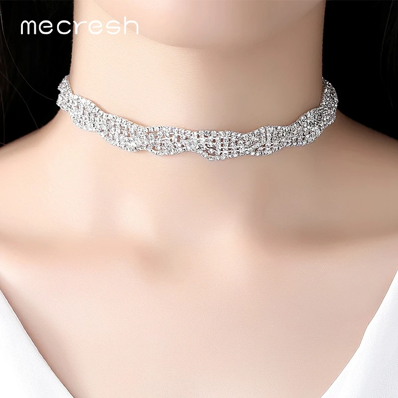 

Mecresh Simple Silver Color Crystal Princess Choker Necklace Rhinestone Best Friends Collar Necklace Christmas Jewelry MXL130