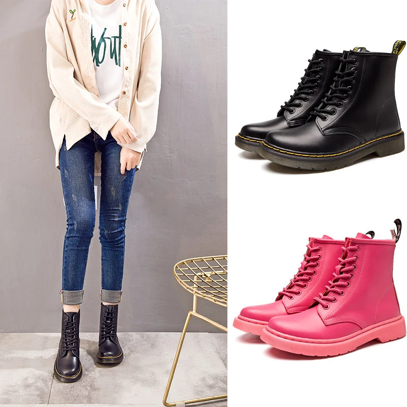 Ceny Buty damskie klasyczne oryginalne skórzane buty damskie jesienne buty zimowe skórzane Punk kostki Botas Mujer futro zimowe Chaussures Femme