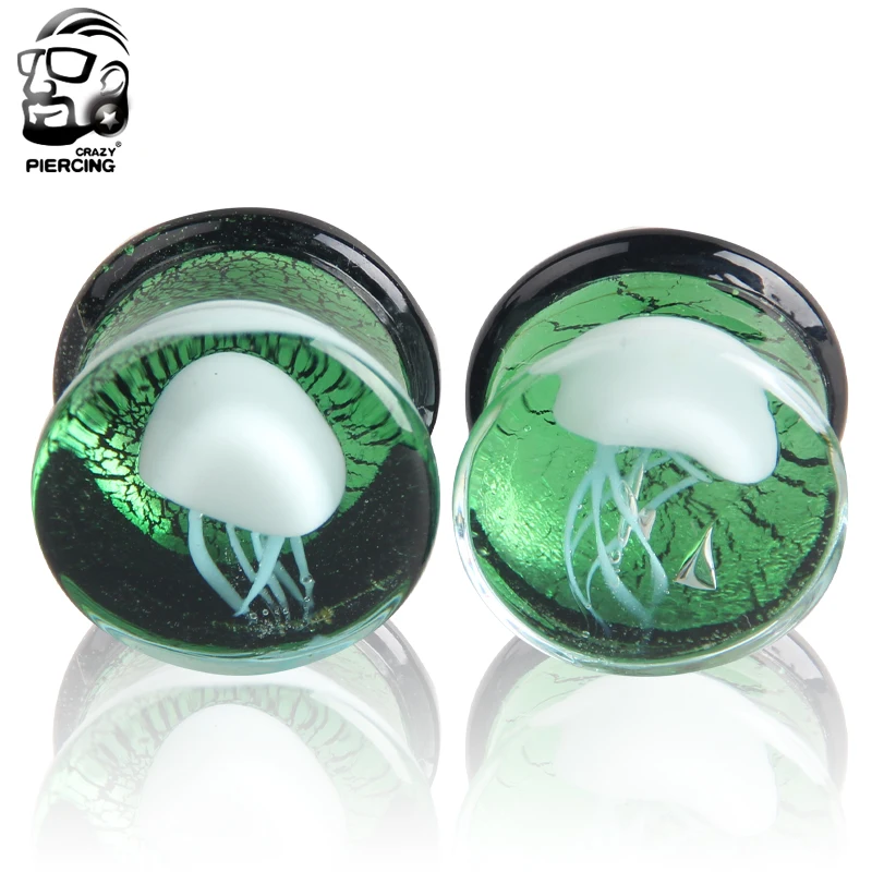 

8-16mm Wholesale Green Glass Ear Plug Tunnel Ear Stretcher Expander Body PiercingJewelry White Jellyfish Ear Gauge