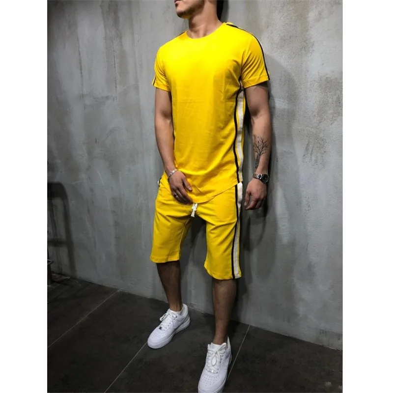 Summer Men's Set Casual Sportswear Suits Mens Clothing Two Pieces set 3XL Male short sleeve t-shirt +shorts Striped tracksuit