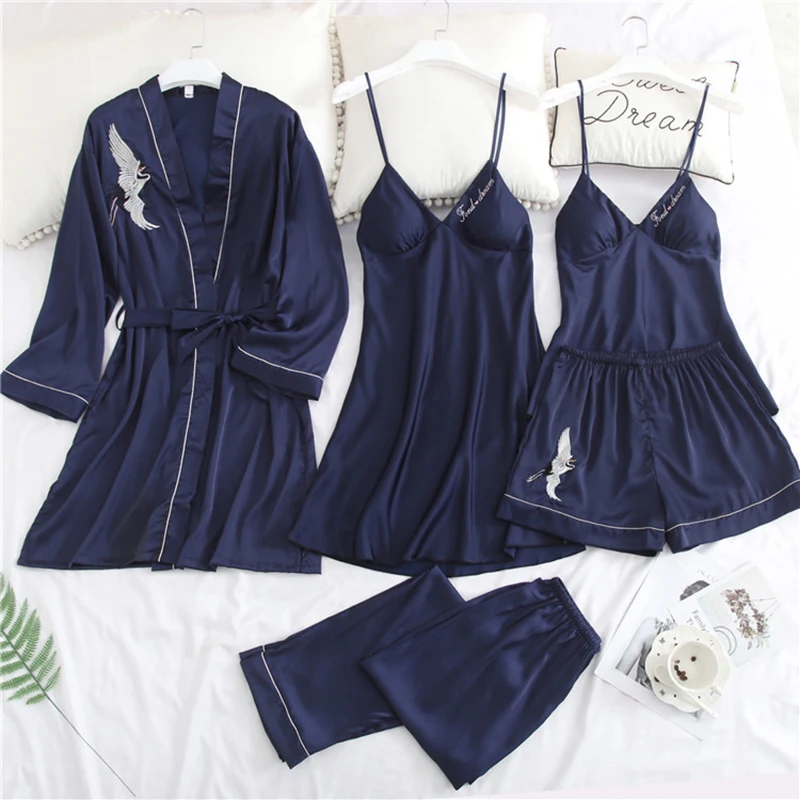 

5pcs/set Women's Pajamas Sets ice Silk Nightdress Sleepwear Wedding Bridesmaid Robe Night Gown Spring Summer Homewear #F
