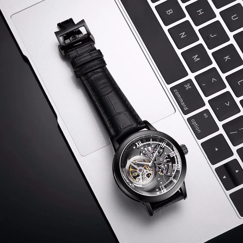 OBLVLO дизайн прозрачные часы для мужчин турбийон автоматические часы кожаный ремешок часы VM 1