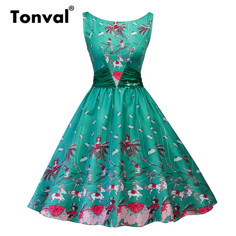 

Tonval Peplum Vintage Tunic Green Dress Women Acrobatics Girl Print Ruched Waist Dresses Summer Pleated Retro Dress
