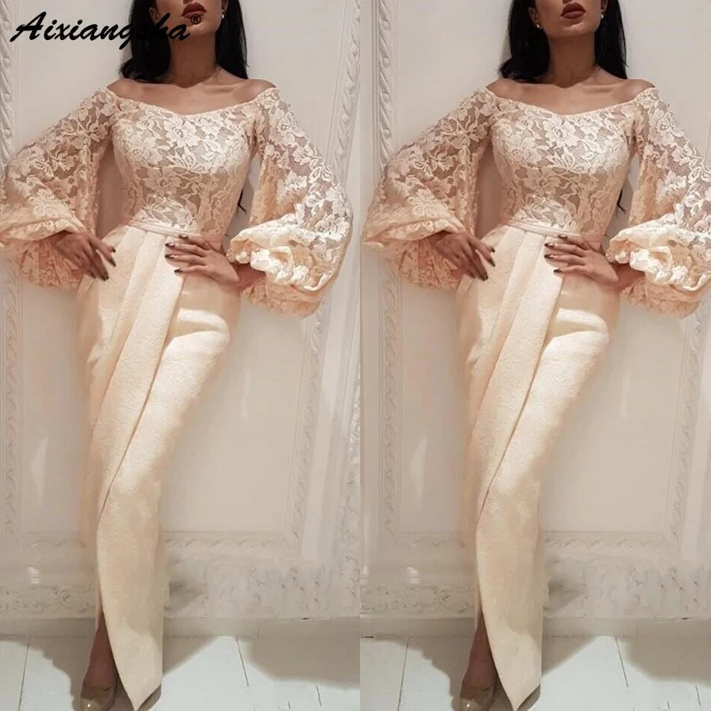 

Exclusive Ivory Long Sleeves Evening Dress 2019 Lace Appliques Front Split Floor Length Mermaid Arabic Formal Evening Gowns