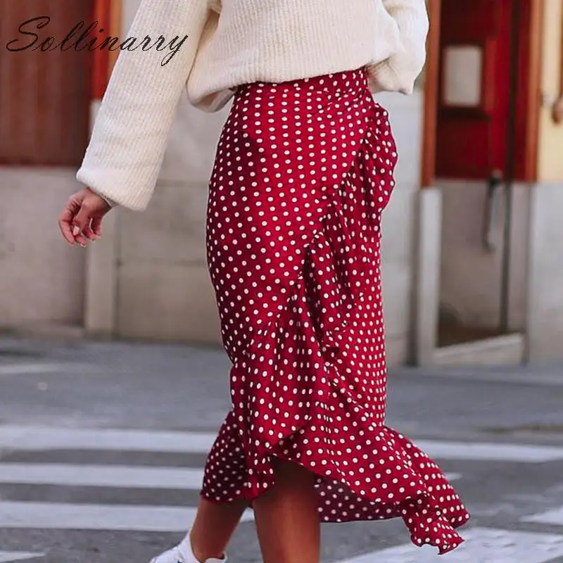 Sollinarry, Красная Женская юбка миди с высокой талией и оборками,, асимметричная летняя юбка с поясом в горошек для женщин и девушек, повседневные юбки в стиле бохо