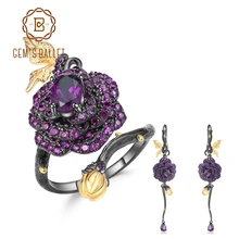 GEM'S балетные 925 пробы серебряные Регулируемые кольца серьги набор 2.18Ct Натуральный Аметист ручной работы Роза цветок набор украшений для женщин