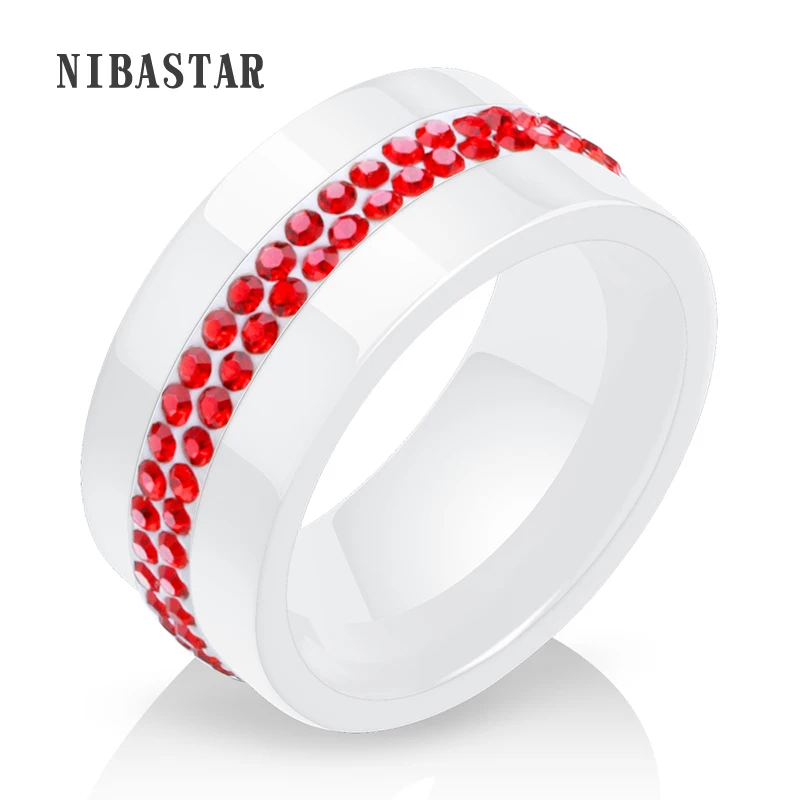 

New Fashion Wide 10mm White 2 Row Red Crystal Ceramic Rings Women Engagement Promise Wedding Band Gifts For Women
