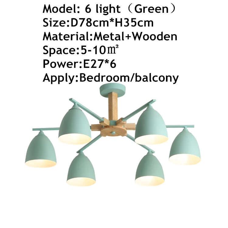 TRAZOS, скандинавский, 220 В, светодиодный, люстра с металлическим абажуром для гостиной, E27, деревянная люстра, освещение, современный фойе, блеск - Цвет абажура: Green 6 Light