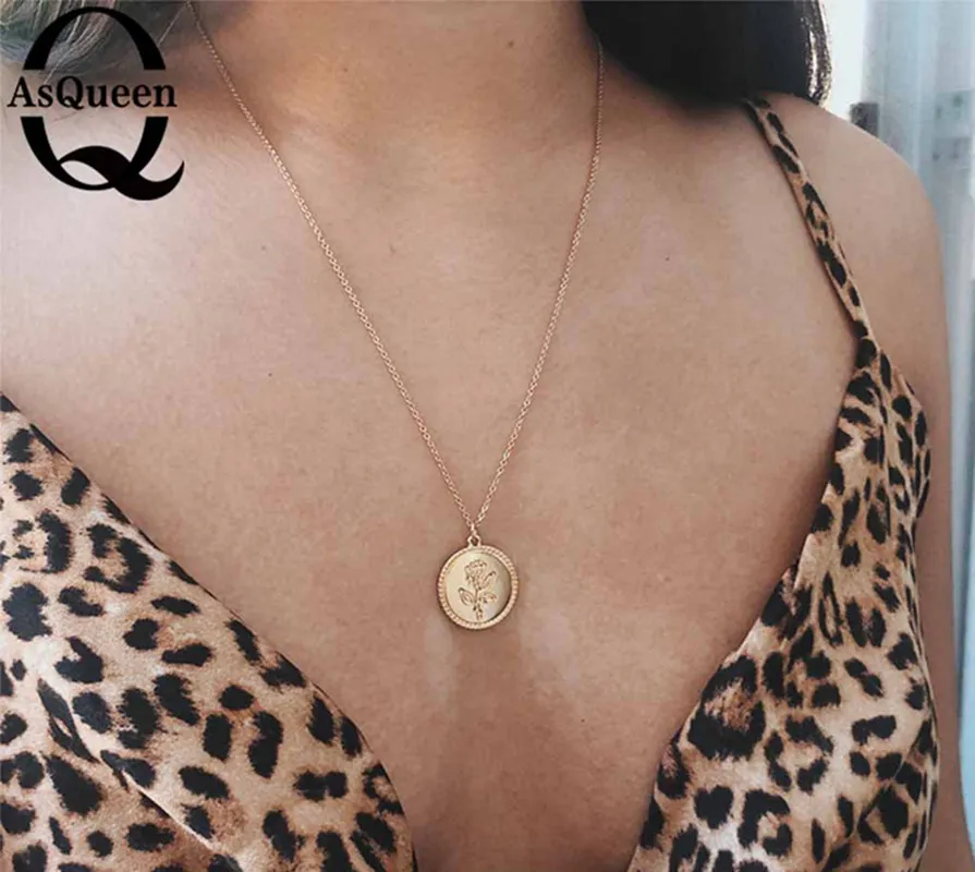 

Gold Alloy Round Pendant Necklace for Women Simple Female Long Chain Coin Necklace Rose Flower Collier 2018 Wholesale