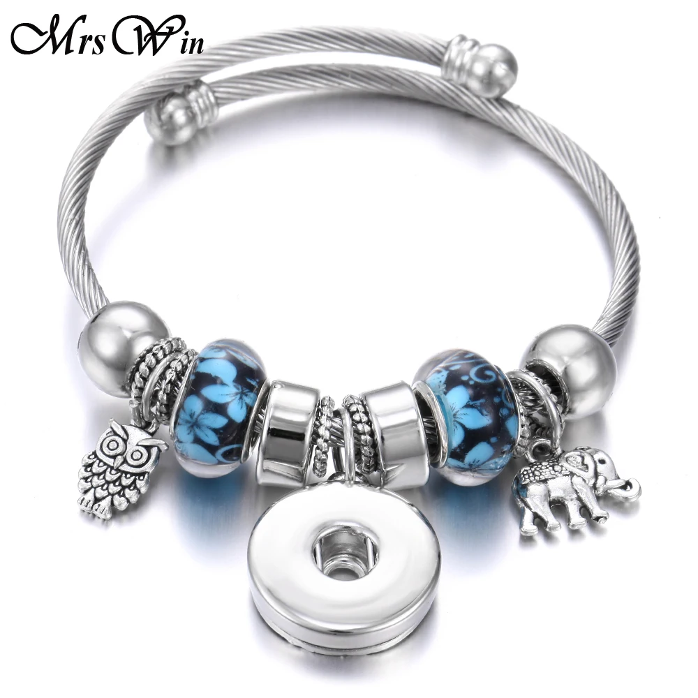 

New Snap Jewelry Beaded Snap Bracelets 18mm Snap Cuff Bracelet Bangles Fit 18MM Snaps Jewelry Owl Elephant Charms Beads Bracelet