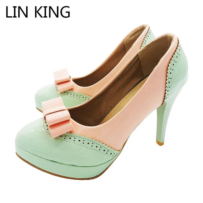 

LIN KING Sexy Thin Heel Women Pumps Slip On Round Toe High Heel Shoes Sweet Bowtie Lolita Shoes Lady Business Office Work Shoes