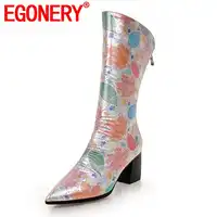 EGONERY ฤดูหนาวตุ๊กตาสไตล์จีนพิมพ์รองเท้าผู้หญิง 2019 ฤดูใบไม้ผลิ 6.5 ซม.รองเท้าส้นสูงสุภาพสตรีขนาดใหญ่ mucker รองเท้ารองเท้า